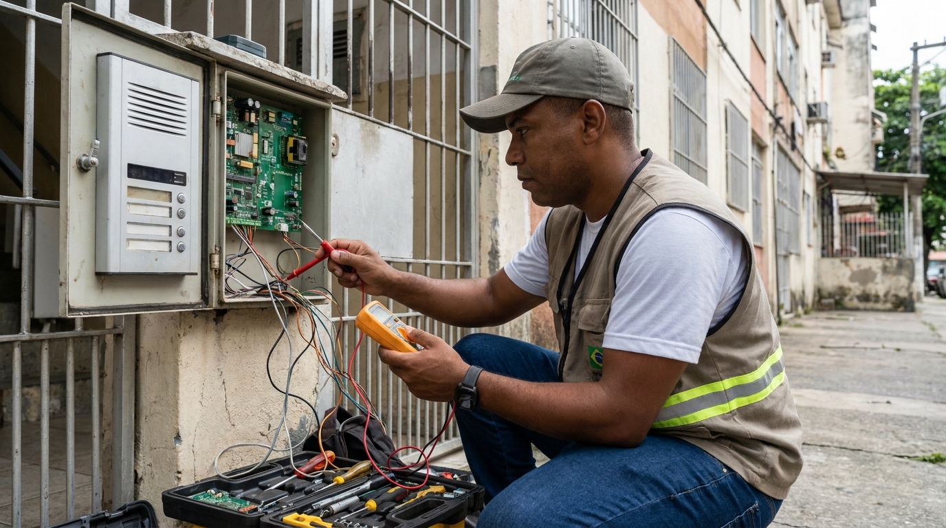 Eletricista consertando interfone em Gravataí‑RS